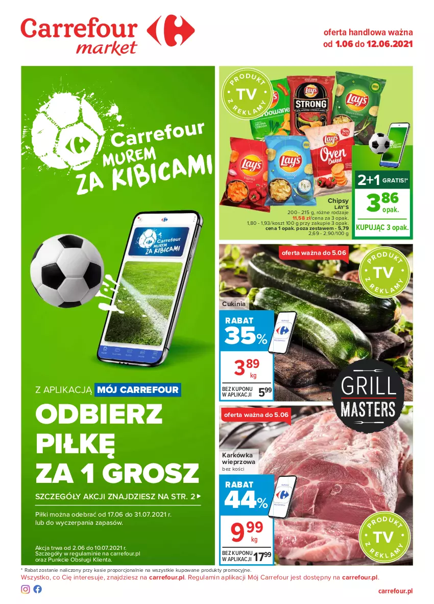 Gazetka promocyjna Carrefour - Gazetka Market - ważna 31.05 do 12.06.2021 - strona 1 - produkty: Chipsy, Gra, Karkówka wieprzowa, Kosz, Lay’s, Por