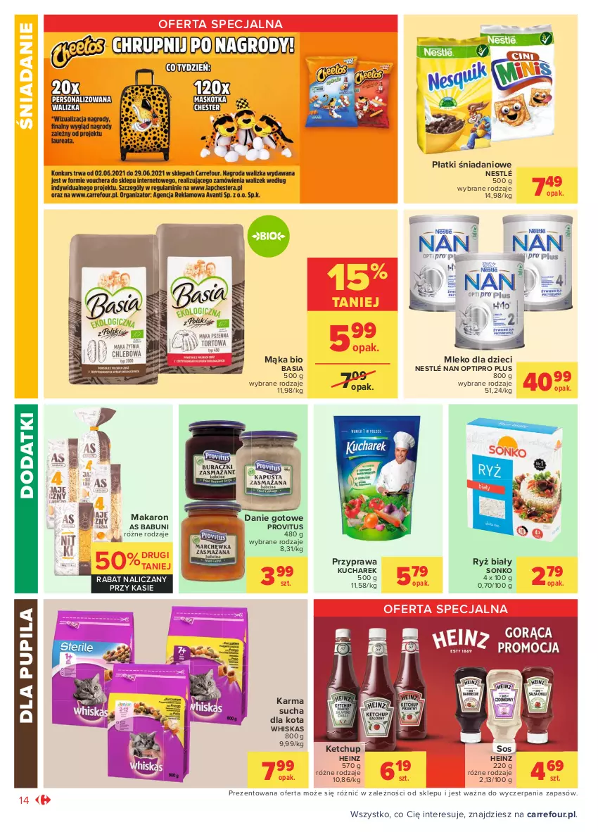 Gazetka promocyjna Carrefour - Gazetka Market - ważna 31.05 do 12.06.2021 - strona 14 - produkty: Babuni, Basia, Danie gotowe, Danio, Dzieci, Heinz, Ketchup, Kucharek, Mąka, Makaron, Mleko, Mleko dla dzieci, NAN Optipro, Nestlé, Ryż, Ryż biały, Sonko, Sos, Whiskas