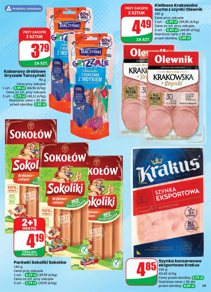 Gazetka promocyjna Dino - Gazetka 10 / 2026 - ważna 04.03 do 10.03.2026 - strona 59 - produkty: Kabanos, Kiełbasa, Kiełbasa krakowska, Krakus, Kurczak, Olewnik, Parówki, Parówki sokoliki, Por, Ser, Sok, Sokołów, Szynka, Szynka konserwowa