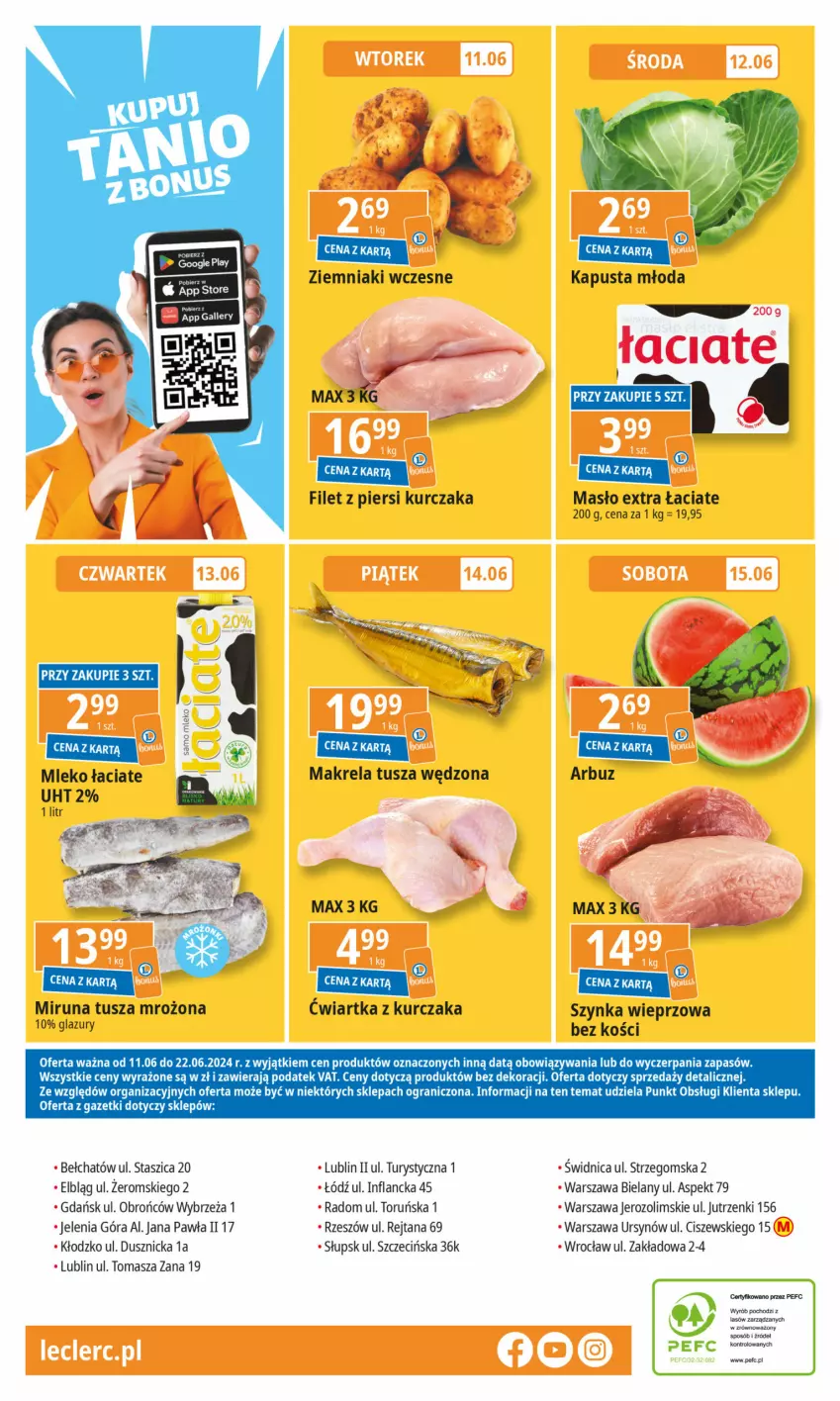 Gazetka promocyjna E Leclerc - ważna 11.06 do 22.06.2024 - strona 32 - produkty: Filet z piersi kurczaka, Gra, Kurczak, Lazur, Masło, Miruna, Mleko, Szynka, Szynka wieprzowa, Tusz, Ziemniaki