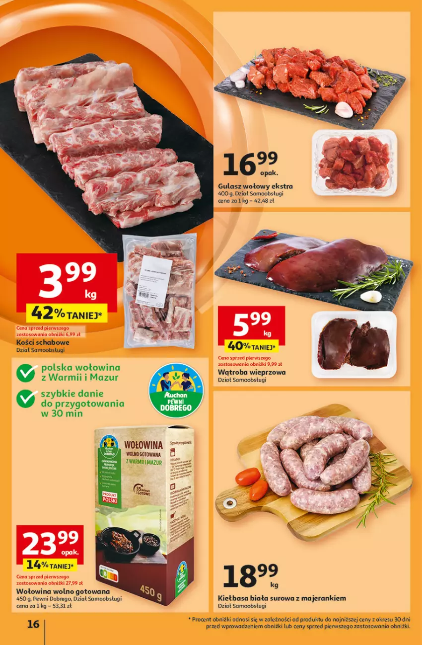 Gazetka promocyjna Auchan - Pewność Niskich Cen Hipermarket - ważna 30.01 do 05.02.2025 - strona 18 - produkty: Gulasz wołowy, Kiełbasa, Kiełbasa biała, Ser, Wołowina