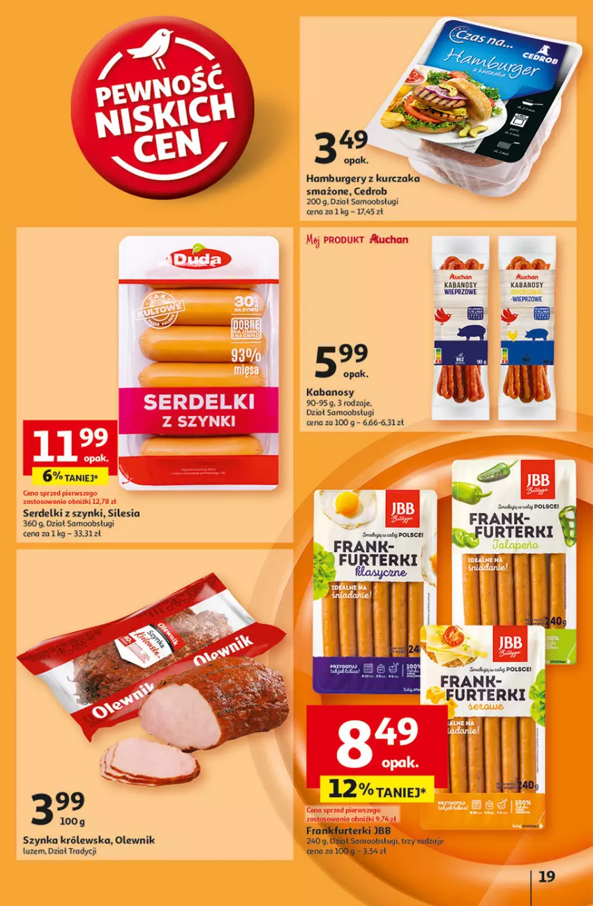 Gazetka promocyjna Auchan - Pewność Niskich Cen Hipermarket - ważna 30.01 do 05.02.2025 - strona 21 - produkty: Burger, Frankfurterki, Hamburger, Kabanos, Kurczak, Olewnik, Ser, Serdelki, Szynka, Szynka Królewska