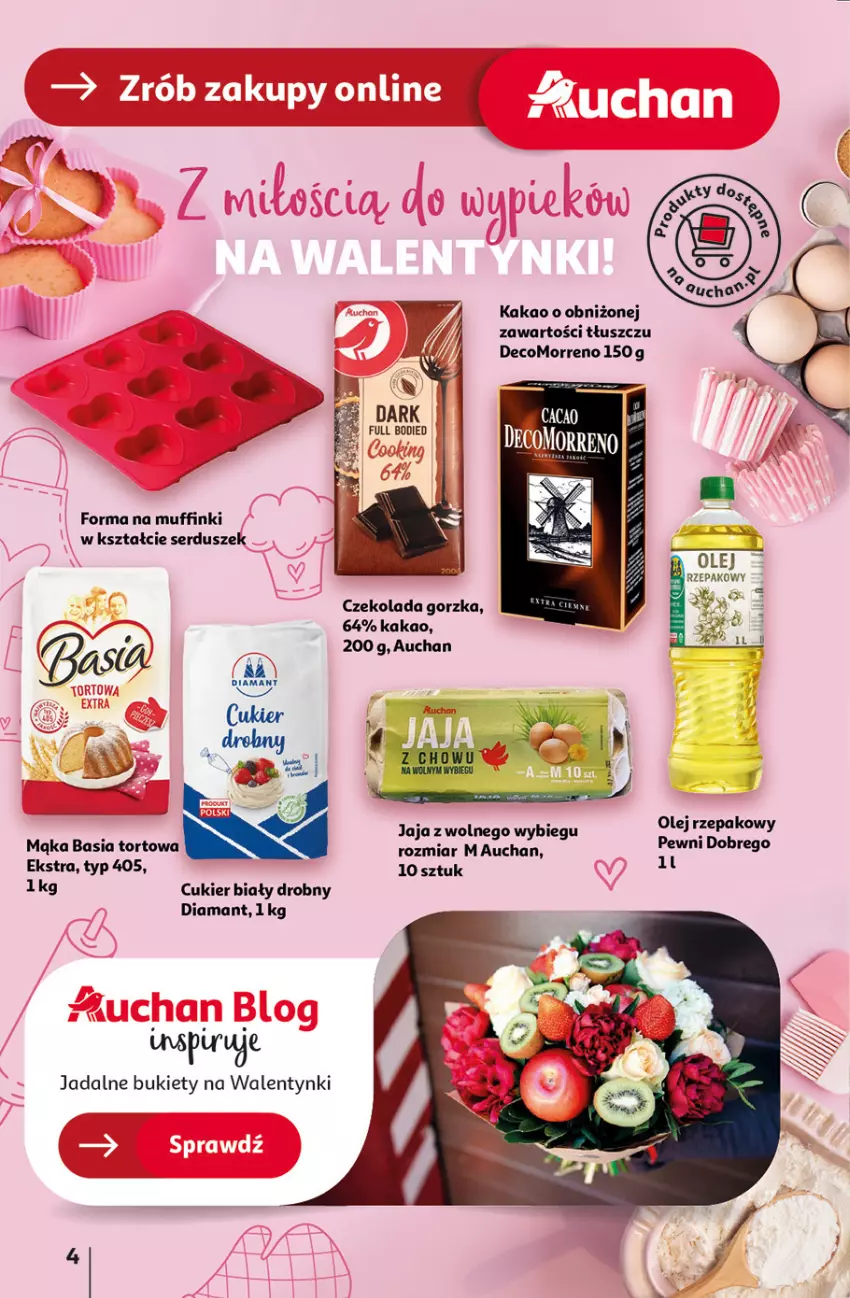 Gazetka promocyjna Auchan - Pewność Niskich Cen Hipermarket - ważna 30.01 do 05.02.2025 - strona 4 - produkty: Basia, Bukiet, Cukier, Czekolada, Czekolada gorzka, Diamant, Jaja, Kakao, Mąka, Muffinki, Olej, Olej rzepakowy, Ser