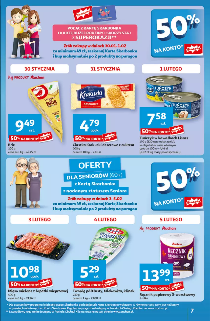 Gazetka promocyjna Auchan - Pewność Niskich Cen Hipermarket - ważna 30.01 do 05.02.2025 - strona 7 - produkty: Brie, Ciastka, Deser, Kawa, Krakus, Krakuski, Lisner, Mięso, Mięso mielone, Mięso mielone z łopatki wieprzowej, Mleko, Olej, Papier, Ręcznik, Ser, Sos, Tuńczyk