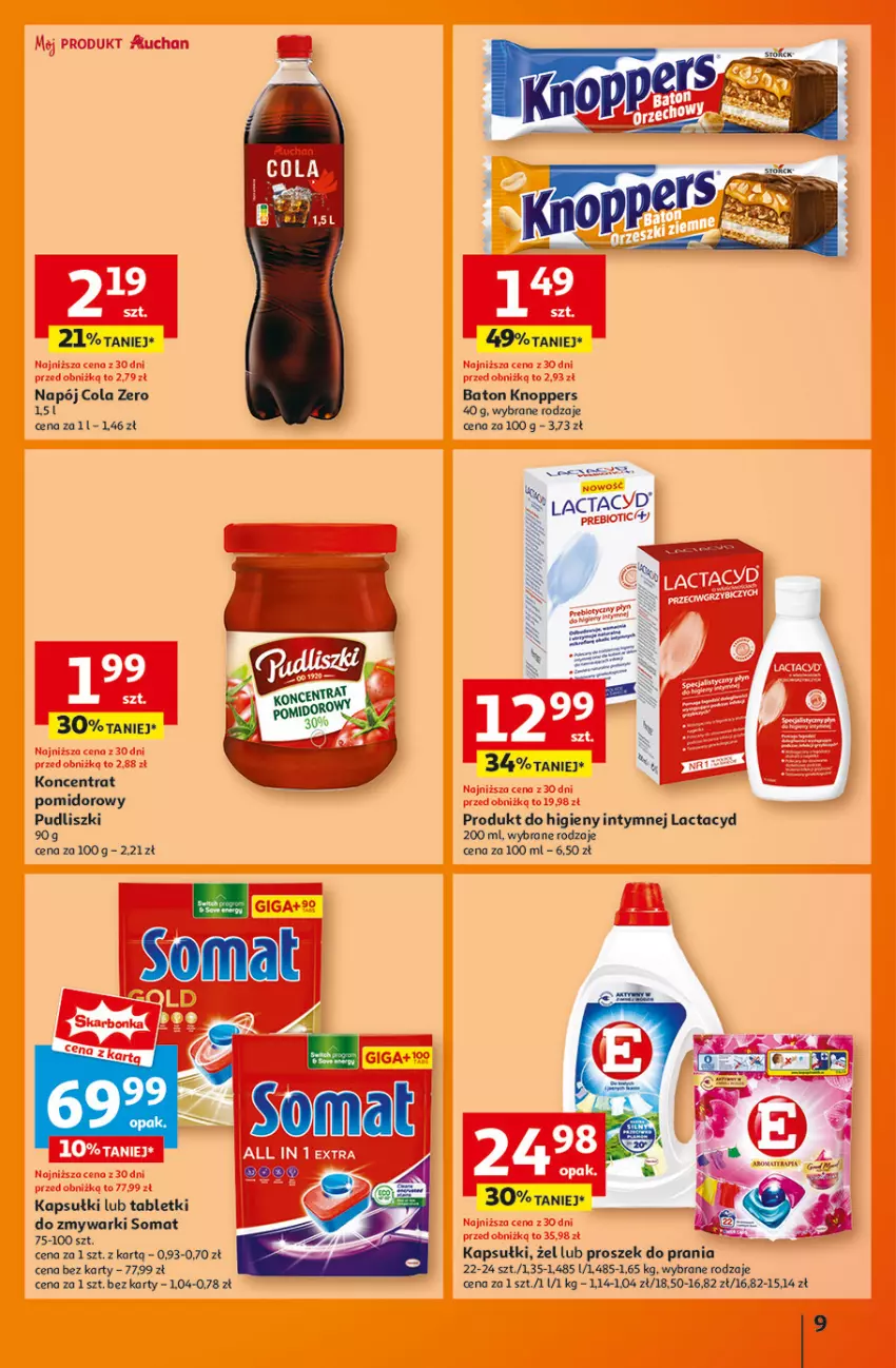 Gazetka promocyjna Auchan - Pewność Niskich Cen Hipermarket - ważna 30.01 do 05.02.2025 - strona 9 - produkty: Baton, Knoppers, Koncentrat pomidorowy, Lactacyd, Napój, Proszek do prania, Pudliszki, Somat, Tablet, Tabletki do zmywarki, Zmywarki