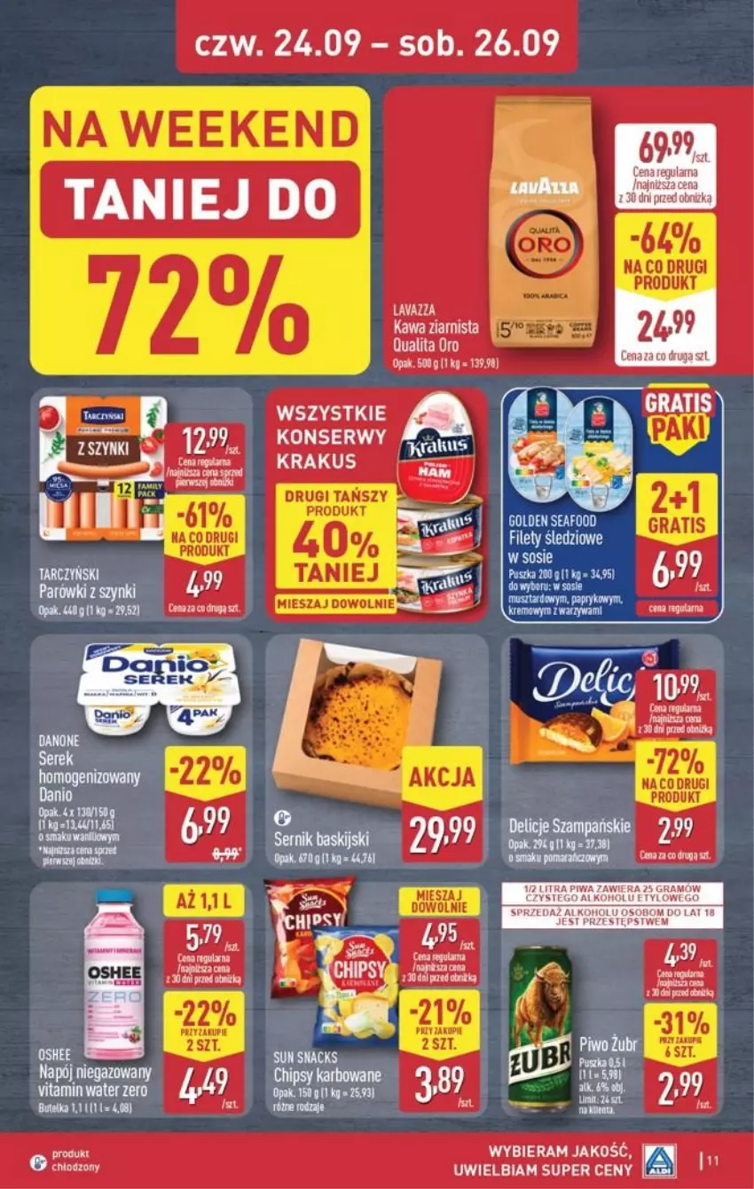 Gazetka promocyjna Aldi - Oferta Weekendowa - ważna 24.09 do 26.09.2026 - strona 11 - produkty: Chipsy, Danio, Delicje, Gra, Kawa, Kawa ziarnista, Lavazza, Oshee, Piwa, Ser, Sos, Tarczyński, Warzywa