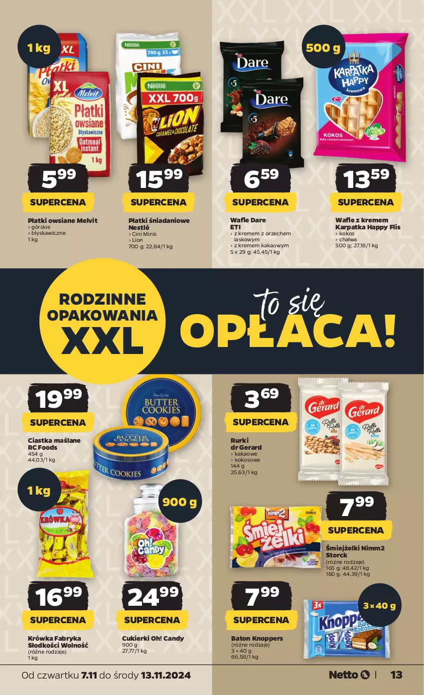 Gazetka promocyjna Netto - Od Czwartku - ważna 07.11 do 13.11.2024 - strona 13 - produkty: Baton, Candy, Chałwa, Ciastka, Cini Minis, Cukier, Cukierki, Danio, Dr Gerard, Fa, Kakao, Karp, Knoppers, Kokos, Lion, Melvit, Nestlé, Nimm2, Płatki owsiane, Rurki