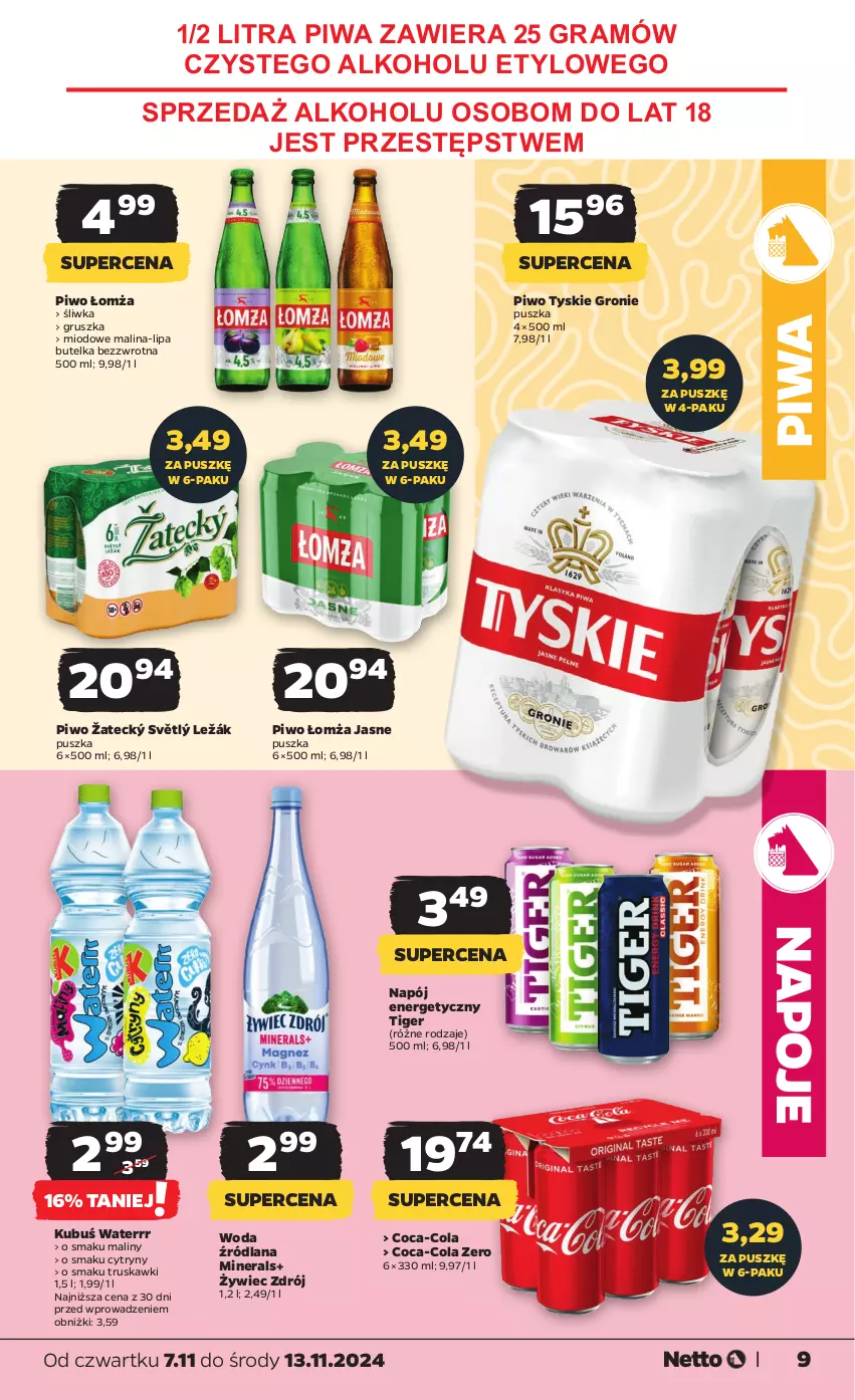 Gazetka promocyjna Netto - Od Czwartku - ważna 07.11 do 13.11.2024 - strona 9 - produkty: Coca-Cola, Cytryny, Gra, Kubuś, Kubuś Waterrr, LANA, Maliny, Napój, Napój energetyczny, Napoje, Piwa, Piwo, Tiger, Truskawki, Tyskie, Woda