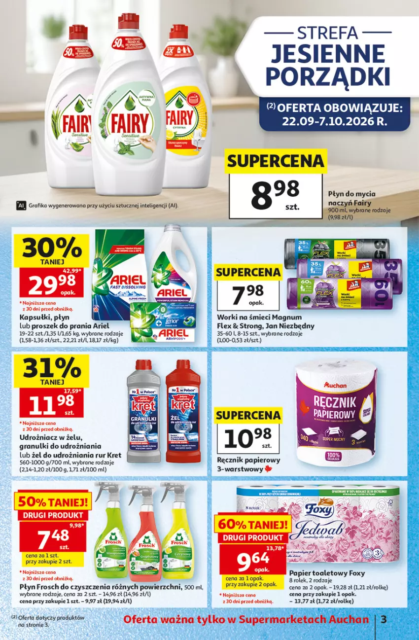 Gazetka promocyjna Auchan - 30 Lat Supermarket - ważna 01.10 do 07.10.2026 - strona 3 - produkty: Ariel, Fa, Foxy, Frosch, Gra, Grafika, Intel, Jan Niezbędny, Kret, Papier, Papier toaletowy, Płyn do mycia, Por, Proszek do prania, Ręcznik, Worki na śmiec, Worki na śmieci