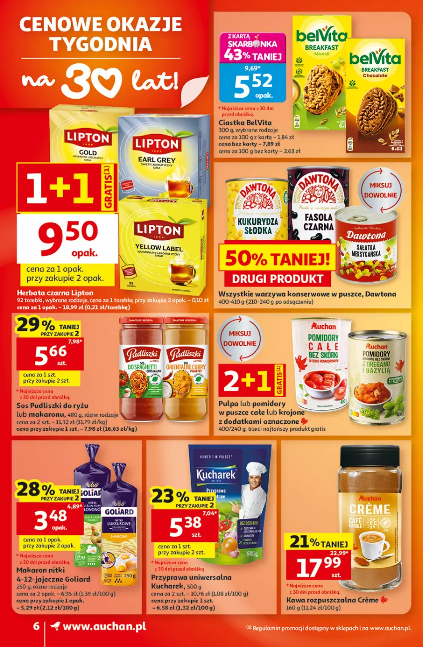 Gazetka promocyjna Auchan - 30 Lat Supermarket - ważna 01.10 do 07.10.2026 - strona 6 - produkty: Bazyl, BelVita, Ciastka, Dawtona, Earl Grey, Fa, Goliard, Gra, Kawa, Kawa rozpuszczalna, Kucharek, Makaron, Pomidory, Przyprawa uniwersalna, Pudliszki, Ryż, Sałat, Sałatka, Ser, Sos, Spaghetti, Warzywa, Warzywa konserwowe