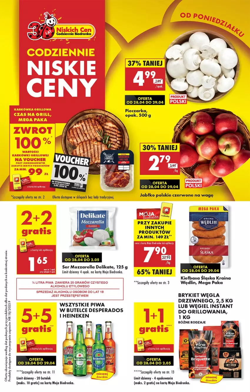 Gazetka promocyjna Biedronka - Od Poniedziałku - ważna 28.04 do 03.05.2025 - strona 1 - produkty: Desperados, Fa, Gra, Grill, Heineken, Kiełbasa, Kiełbasa śląska, Kret, Moda, Mozzarella, Piec, Pieczarka, Piwa, Ser
