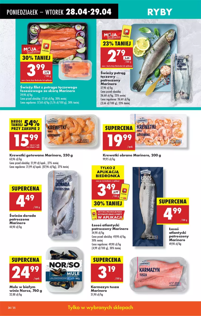 Gazetka promocyjna Biedronka - Od Poniedziałku - ważna 28.04 do 03.05.2025 - strona 42 - produkty: Filet z pstrąga, Karmazyn tusza, Krewetki, Mule, Pstrąg, Pstrąg tęczowy, Sos, Tusz