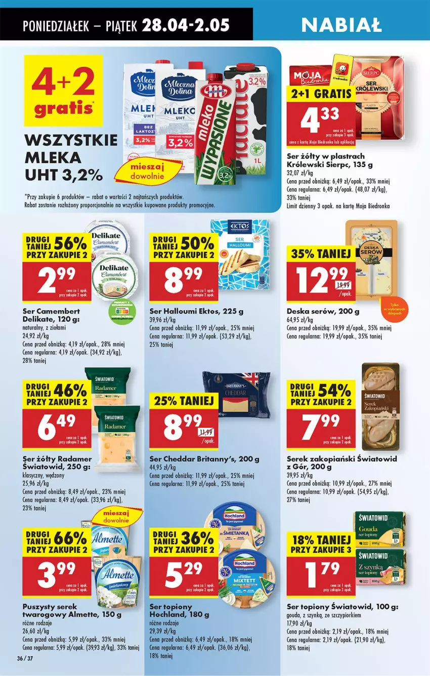Gazetka promocyjna Biedronka - Od Poniedziałku - ważna 28.04 do 03.05.2025 - strona 44 - produkty: Almette, Brit, Brita, Camembert, Cheddar, Deska serów, Fa, Gouda, Królewski, LG, Radamer, Ser, Ser topiony, Serek, Sok, Top