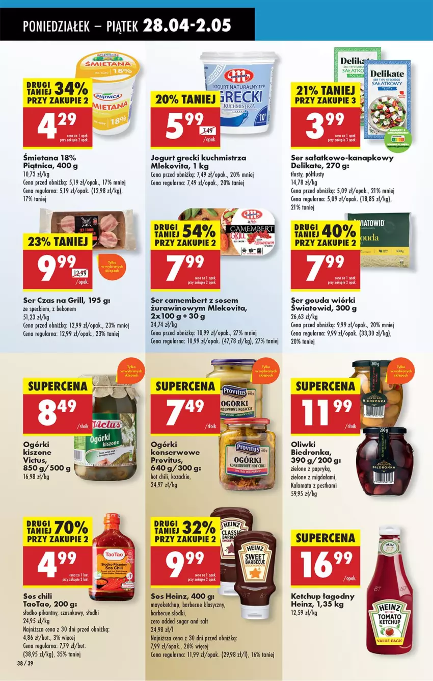 Gazetka promocyjna Biedronka - Od Poniedziałku - ważna 28.04 do 03.05.2025 - strona 46 - produkty: Beko, Camembert, Gouda, Grill, Heinz, Jogurt, Jogurt naturalny, Ketchup, Mleko, Mlekovita, Ogórki konserwowe, Oliwki, Piątnica, Sałat, Ser, Ser sałatkowo-kanapkowy, Sos, TaoTao, Wino