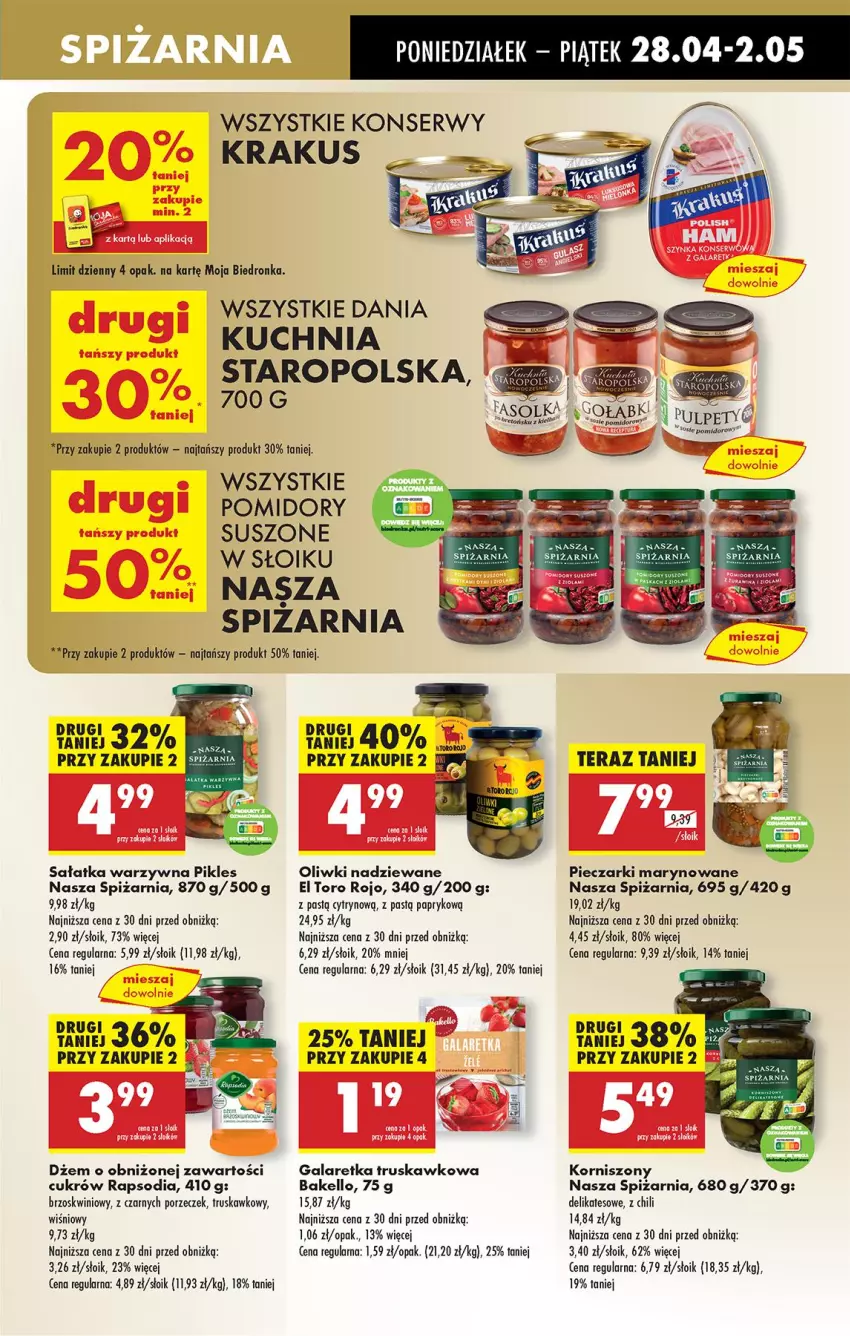 Gazetka promocyjna Biedronka - Od Poniedziałku - ważna 28.04 do 03.05.2025 - strona 47 - produkty: Brugi, Dżem, Gala, Galaretka, Korniszony, Krakus, Kuchnia, Kuchnia Staropolska, Oliwki, Piec, Pomidory, Por, Sałat, Sałatka, Ser, Tera