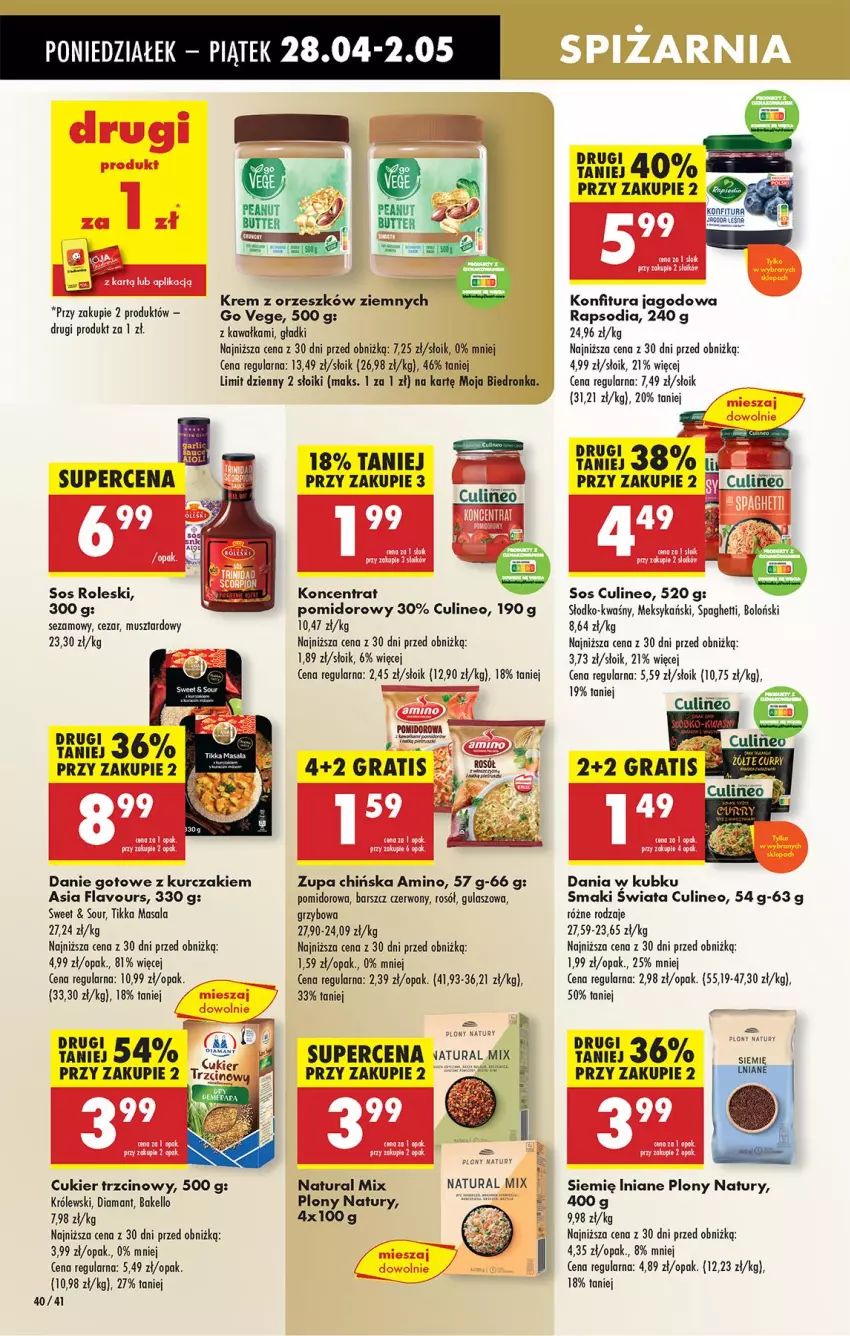 Gazetka promocyjna Biedronka - Od Poniedziałku - ważna 28.04 do 03.05.2025 - strona 48 - produkty: Cukier, Cukier trzcinowy, Danie gotowe, Diamant, Fa, Kawa, Konfitura, Królewski, Kurczak, Mus, Rosół, Sezam, Sos, Spaghetti, Wagi, Zupa