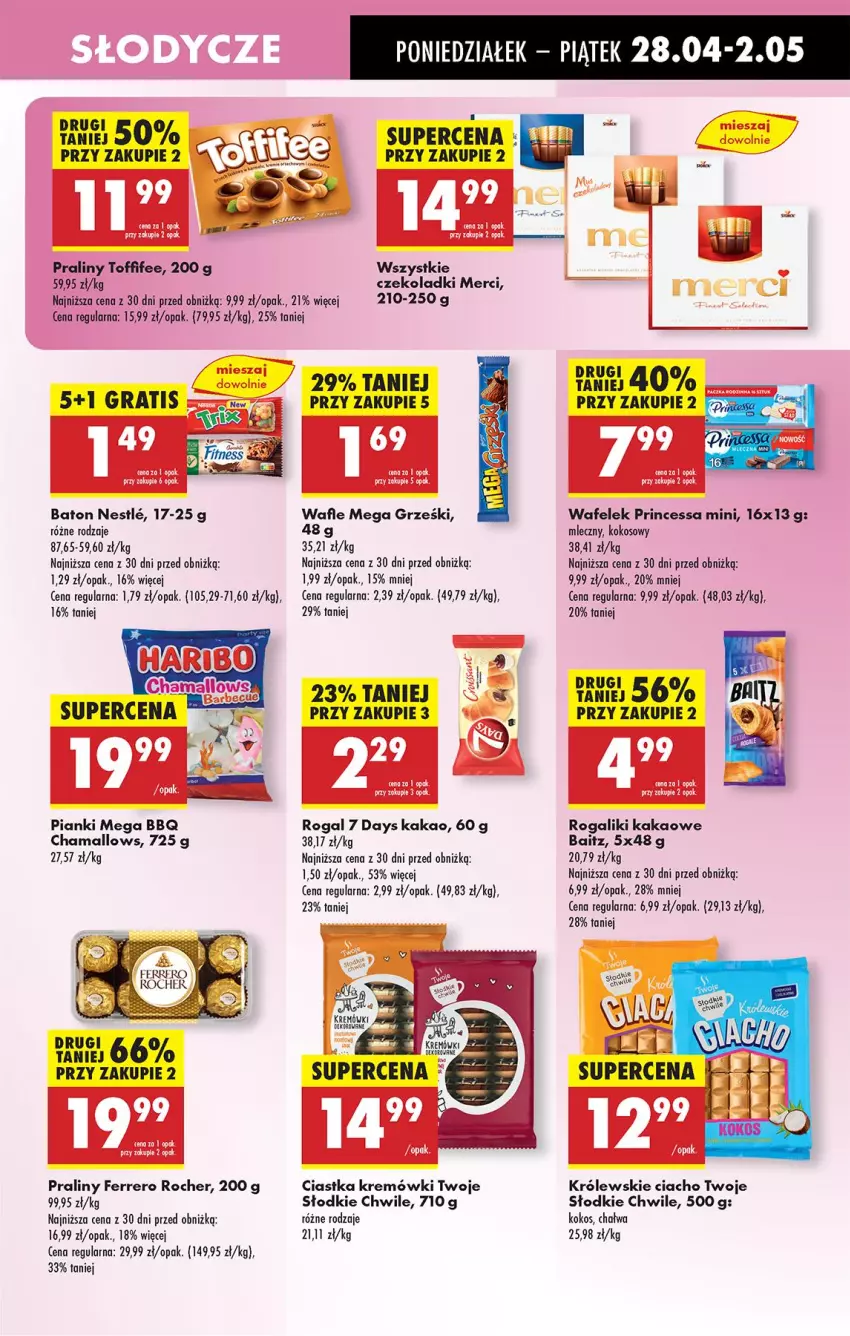 Gazetka promocyjna Biedronka - Od Poniedziałku - ważna 28.04 do 03.05.2025 - strona 55 - produkty: 7 Days, Baton, Chałwa, Ciastka, Ferrero, Ferrero Rocher, Gra, Hama, Kakao, Kokos, Królewski, Merci, Praliny, Princessa, Rogal, Toffifee, Wafelek, Wafle
