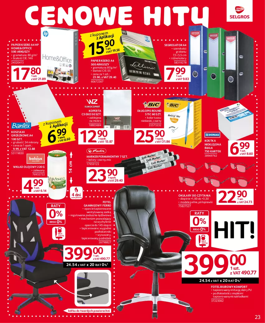 Gazetka promocyjna Selgros - Oferta przemysłowa - ważna 29.06 do 12.07.2023 - strona 23 - produkty: Biuro, Długopis, Fotel, Fotel gamingowy, Gra, HP, Klej, Kosz, Marker, Okulary do czytania, Olej, Papier, Podnóżek, Poduszka, Rama, Ser, Top, Tusz, Wkład olejowy