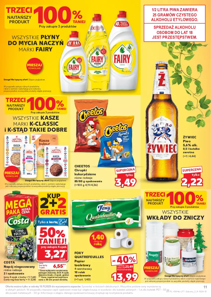 Gazetka promocyjna Kaufland - Gazetka tygodnia - ważna 13.11 do 19.11.2025 - strona 11 - produkty: Cheetos, Chrupki, Do mycia naczyń, Fa, Fairy, Foxy, Gra, Napój, Napój niegazowany, Papier, Papier toaletowy, Piwa, Piwo, Por, Sok, Waga, Znicz