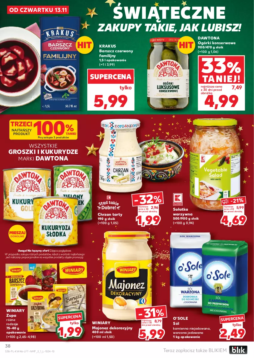 Gazetka promocyjna Kaufland - Gazetka tygodnia - ważna 13.11 do 19.11.2025 - strona 38 - produkty: Chrzan, Dawtona, Fa, Krakus, Majonez, Ogórki konserwowe, Por, Sałat, Sałatka, Sałatka warzywna, Ser, Sól, Tera, Waga, Winiary, Zupa