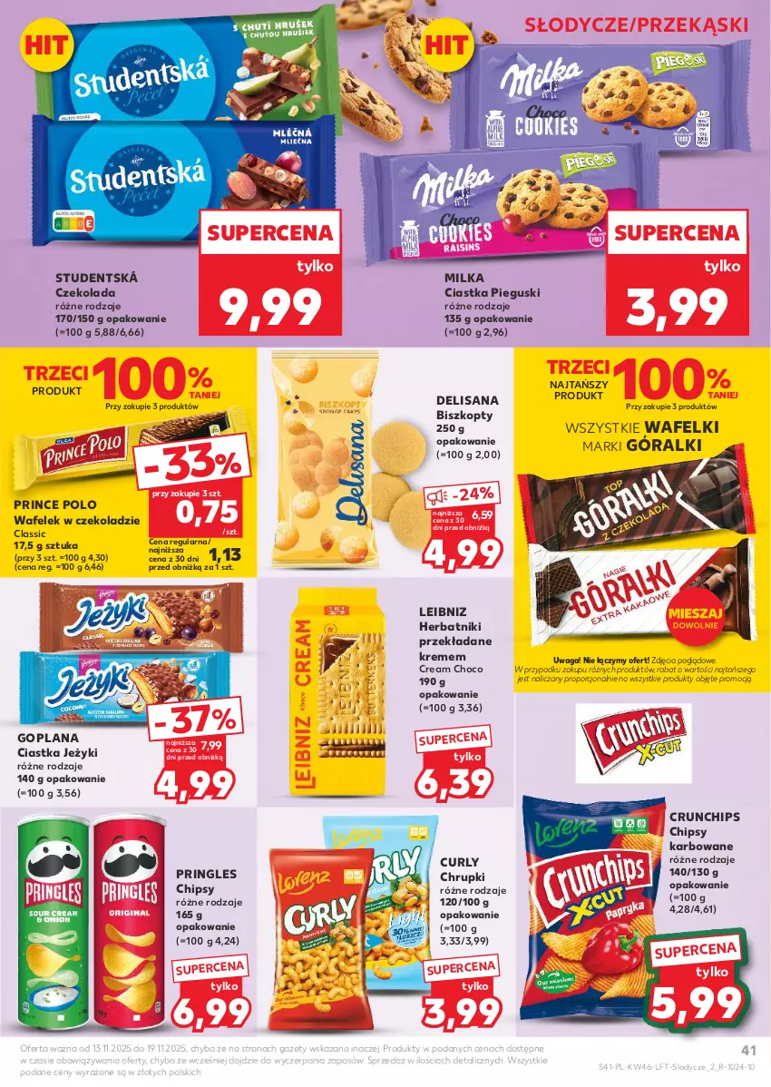Gazetka promocyjna Kaufland - Gazetka tygodnia - ważna 13.11 do 19.11.2025 - strona 41 - produkty: Biszkopty, Chipsy, Chrupki, Ciastka, Crunchips, Czekolada, Goplana, Góralki, Herbatniki, Isana, Jeżyki, LANA, Lody, Milka, Por, Prince Polo, Pringles, Wafelek, Waga