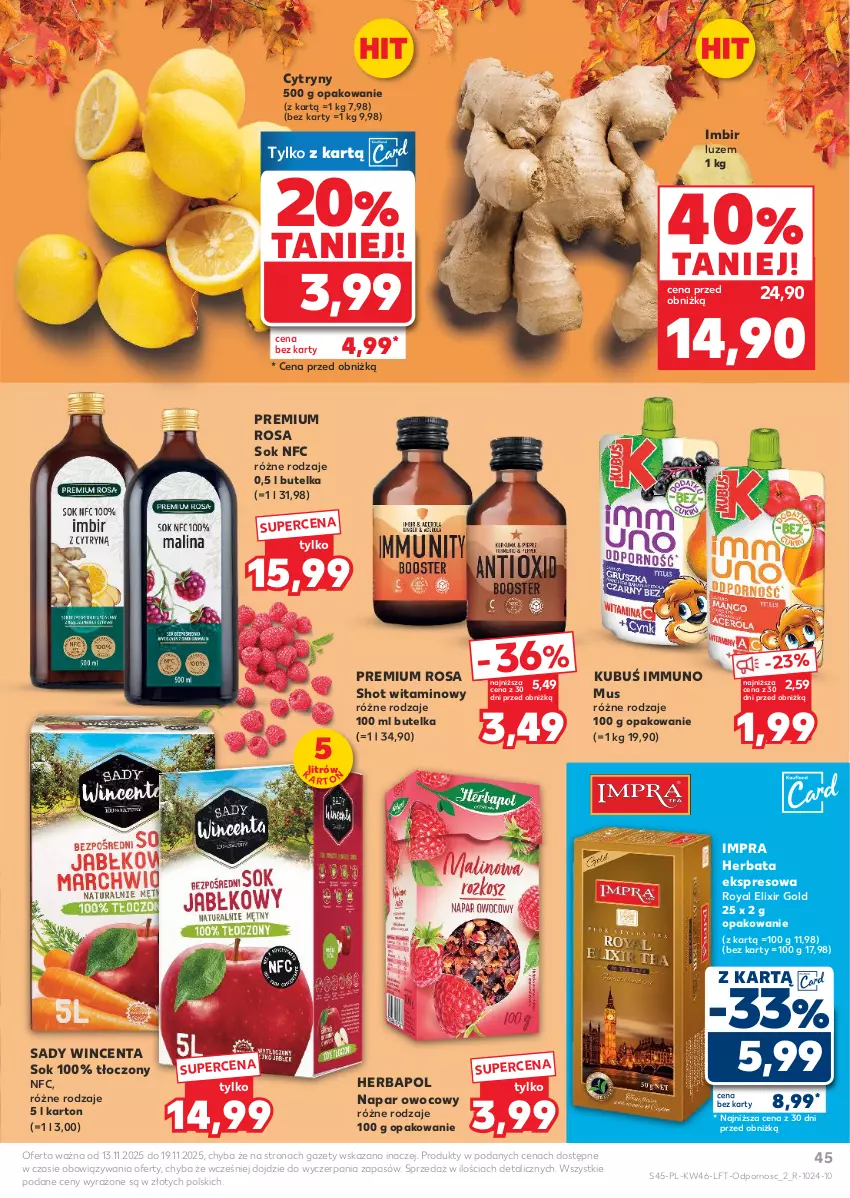 Gazetka promocyjna Kaufland - Gazetka tygodnia - ważna 13.11 do 19.11.2025 - strona 45 - produkty: Cytryny, Herbapol, Herbata, Imbir, Kubuś, Mus, Por, Sok
