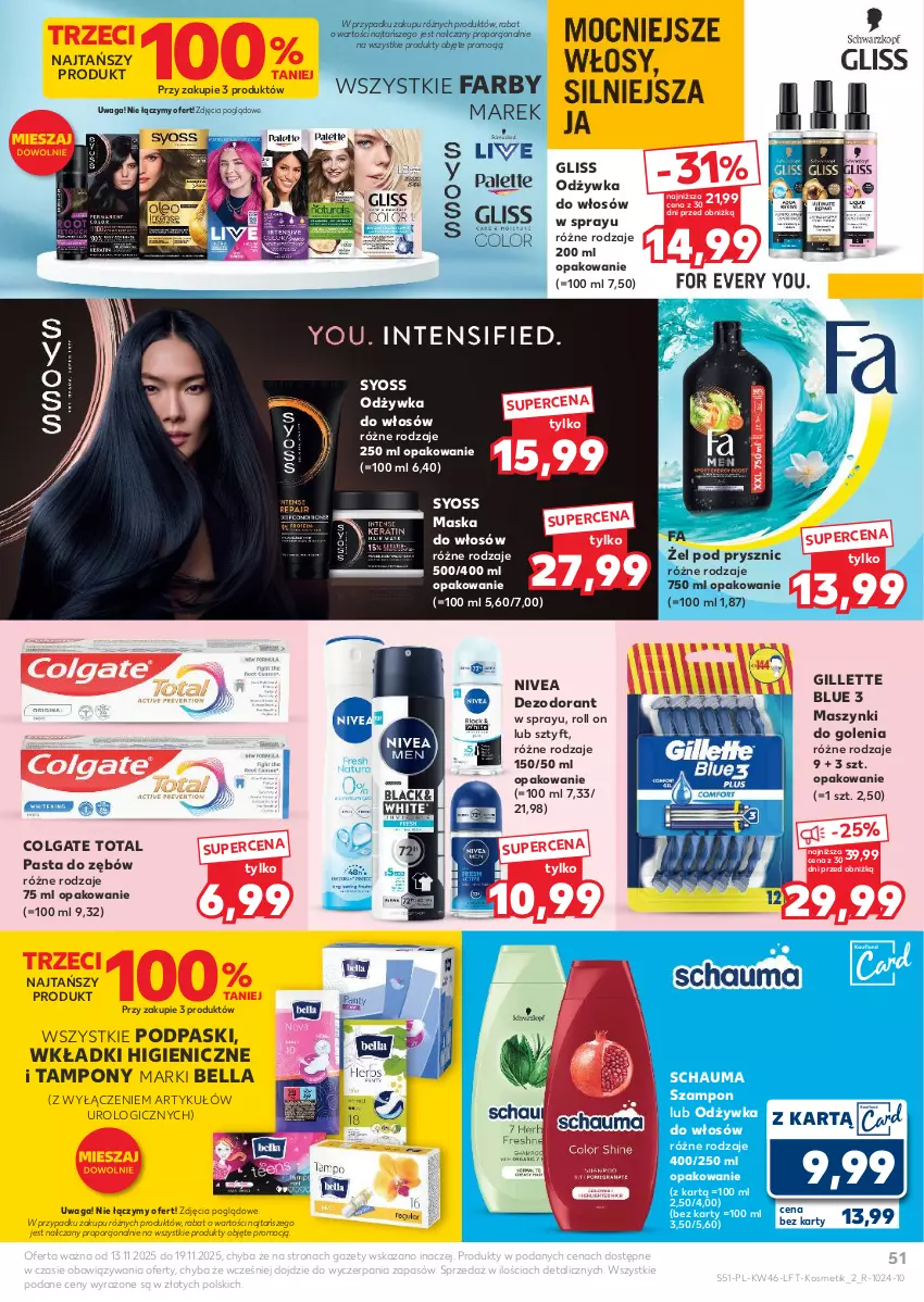 Gazetka promocyjna Kaufland - Gazetka tygodnia - ważna 13.11 do 19.11.2025 - strona 51 - produkty: Bell, Bella, Colgate, Colgate Total, Dezodorant, Fa, Gillette, LG, Maska, Maska do włosów, Nivea, Odżywka, Pasta do zębów, Podpaski, Por, Schauma, Syoss, Szampon, Tampony, Waga, Wkładki
