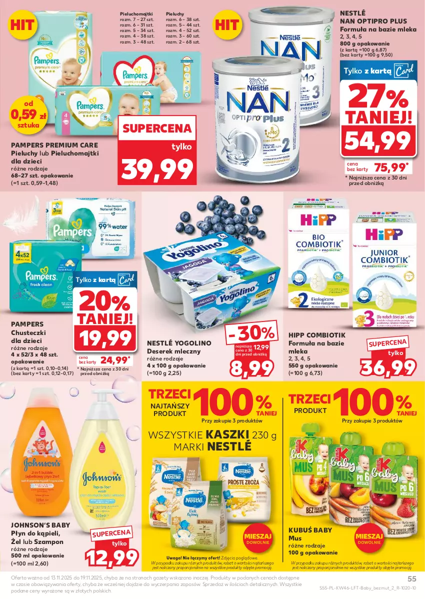 Gazetka promocyjna Kaufland - Gazetka tygodnia - ważna 13.11 do 19.11.2025 - strona 55 - produkty: Chusteczki, Deser, Dzieci, HiPP, Kubuś, Majtki, Mus, NAN Optipro, Nestlé, Pampers, Pieluchomajtki, Pieluchy, Płyn do kąpieli, Por, Ser, Serek, Szampon, Waga
