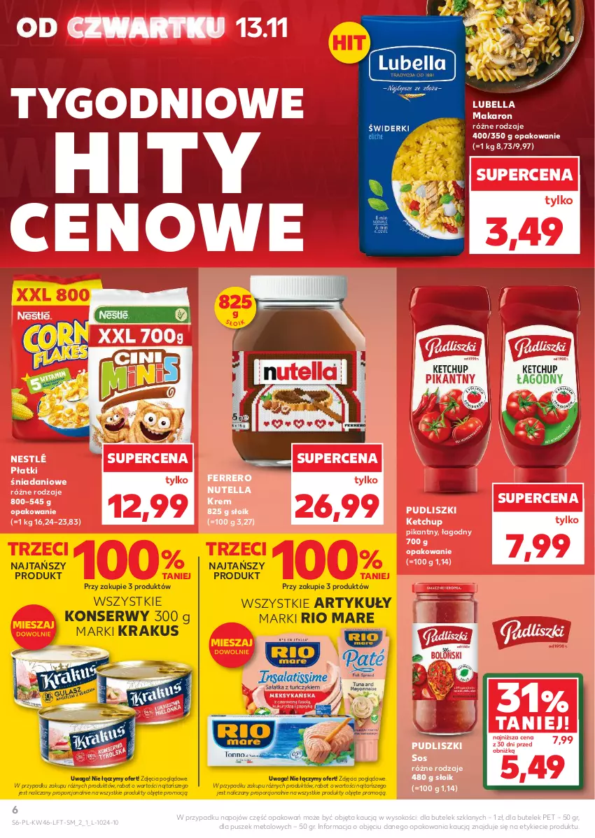 Gazetka promocyjna Kaufland - Gazetka tygodnia - ważna 13.11 do 19.11.2025 - strona 6 - produkty: Bell, Bella, Danio, Ferrero, Ketchup, Krakus, Lubella, Makaron, Nestlé, Nutella, Por, Pudliszki, Rio Mare, Ser, Sok, Sos, Waga