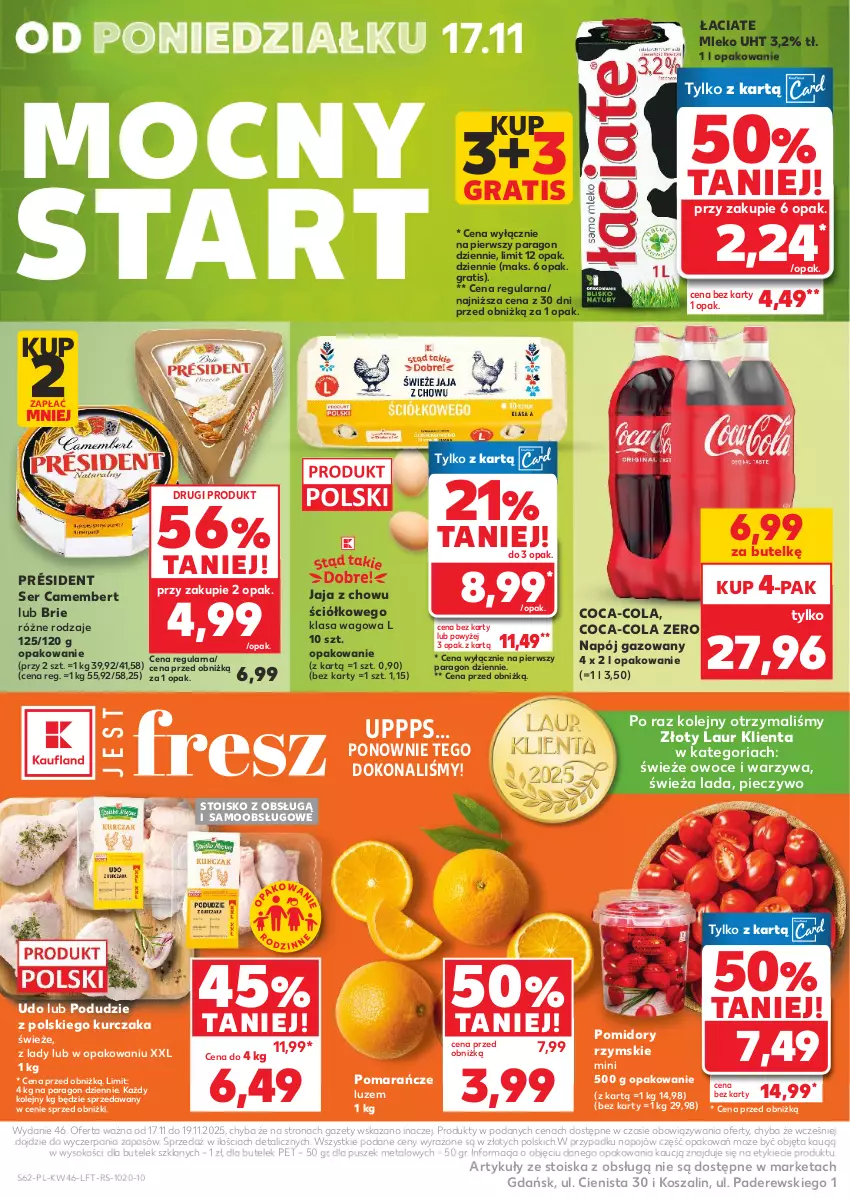 Gazetka promocyjna Kaufland - Gazetka tygodnia - ważna 13.11 do 19.11.2025 - strona 62 - produkty: Brie, Camembert, Coca-Cola, Gra, Jaja, Kosz, Kurczak, Laur, Mleko, Napój, Napój gazowany, Olej, Owoce, Piec, Pieczywo, Pomarańcze, Pomidory, Président, Ser, Sok, Szal, Warzywa