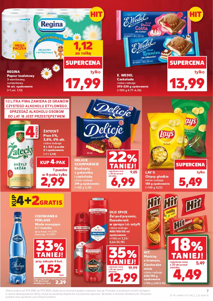 Gazetka promocyjna Kaufland - Gazetka tygodnia - ważna 13.11 do 19.11.2025 - strona 7 - produkty: Biszkopty, Chipsy, Cisowianka, Czekolada, Delicje, Dezodorant, E. Wedel, Gala, Gin, Gra, Lay’s, Mus, Old Spice, Papier, Papier toaletowy, Piwa, Piwo, Rum, Woda