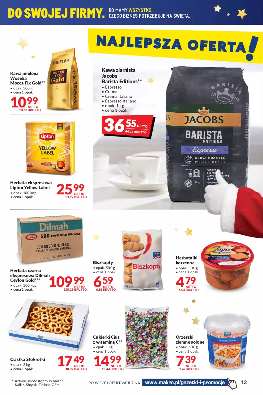 Gazetka promocyjna Makro - [Oferta promocyjna] Artykuły spożywcze i przemysłowe - ważna 14.12 do 26.12.2021 - strona 13 - produkty: Biszkopty, Ciastka, Cukier, Cukierki, Dilmah, Herbata, Herbata czarna, Herbatniki, Jacobs, Kawa, Kawa mielona, Kawa ziarnista, Lipton, Mocca Fix Gold, Orzeszki, Orzeszki ziemne, Woseba