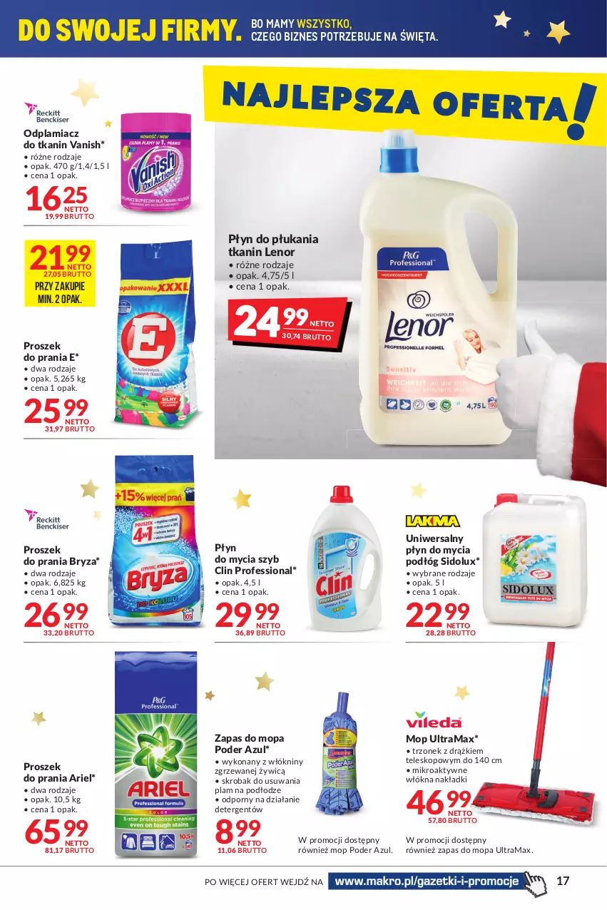 Gazetka promocyjna Makro - [Oferta promocyjna] Artykuły spożywcze i przemysłowe - ważna 14.12 do 26.12.2021 - strona 17 - produkty: Ariel, Bryza, Clin, Lenor, Mop, Odplamiacz, Płyn do mycia, Płyn do mycia podłóg, Płyn do płukania, Por, Proszek do prania, Rama, Sidolux, Teleskop, Vanish