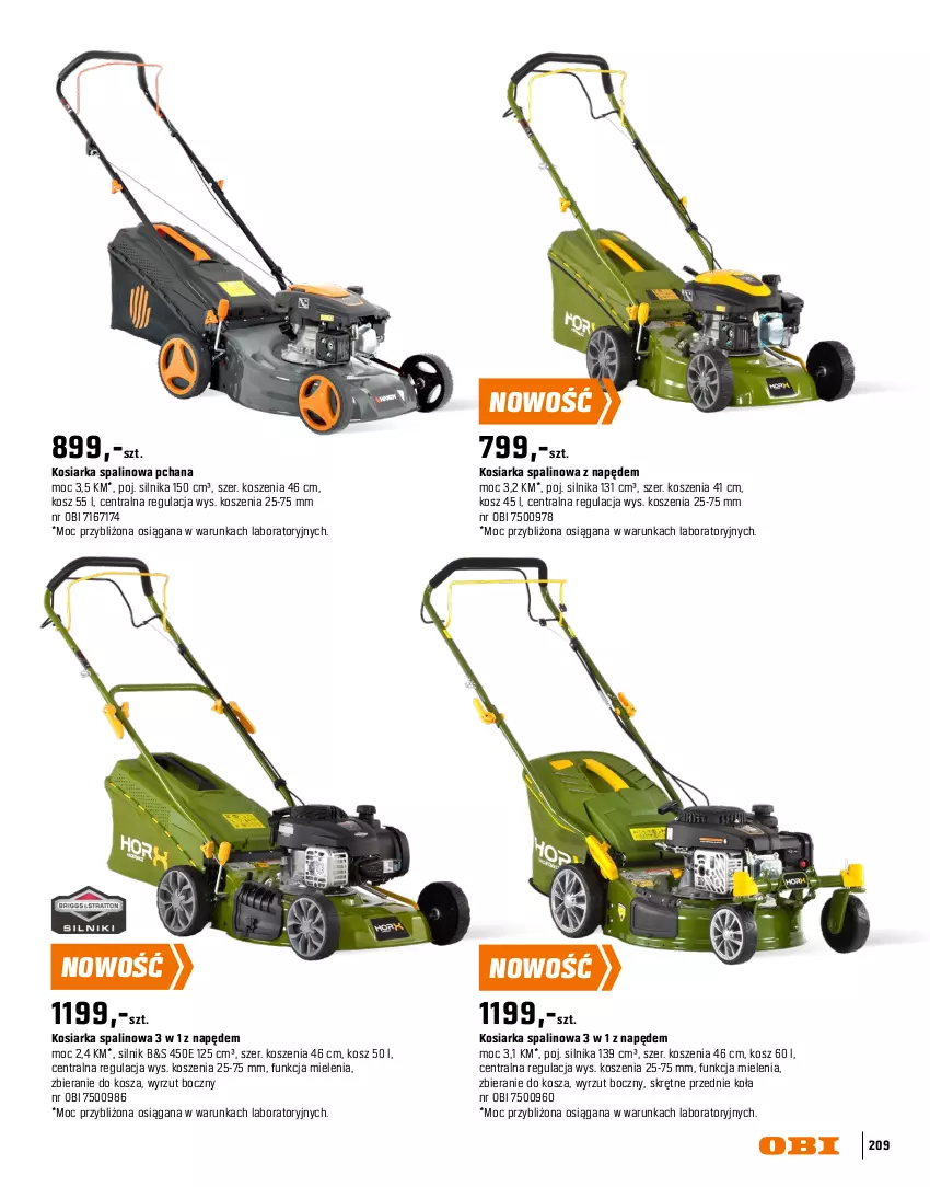 Gazetka promocyjna Obi - Gazetka OBI - ważna 16.03 do 31.08.2026 - strona 209 - produkty: Kosiarka, Kosiarka spalinowa z napędem, Kosz