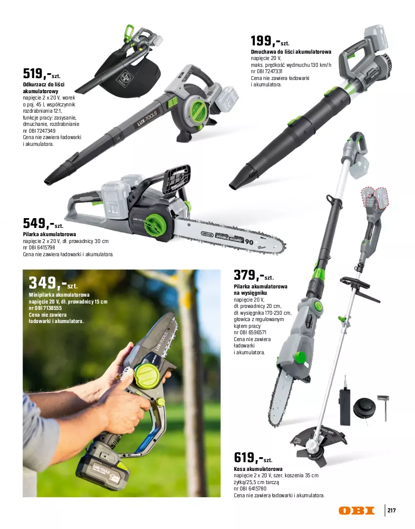 Gazetka promocyjna Obi - Gazetka OBI - ważna 16.03 do 31.08.2026 - strona 217 - produkty: Akumulator, Dmuchawa do liści, Kasza, Kosz, Noż, Nożyce, Odkurzacz, Odkurzacz do liści, Teleskop, Warka