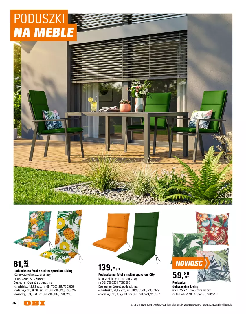 Gazetka promocyjna Obi - Gazetka OBI - ważna 16.03 do 31.08.2026 - strona 36 - produkty: Ananas, Fotel, Intel, Meble, Poduszka, Poduszka dekoracyjna, Siedzisko, Sok