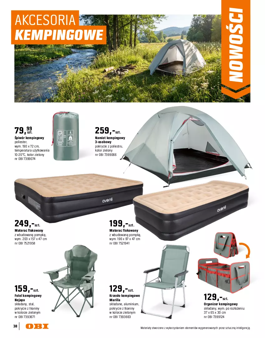 Gazetka promocyjna Obi - Gazetka OBI - ważna 16.03 do 31.08.2026 - strona 38 - produkty: Fotel, Fotel kempingowy, Garnek, Intel, Kosz, Krzesło, Kubek, LANA, Materac, Namiot, Noż, Organizer, Patelnia, Podkład, Podkładka, Silan, Talerz, Tera