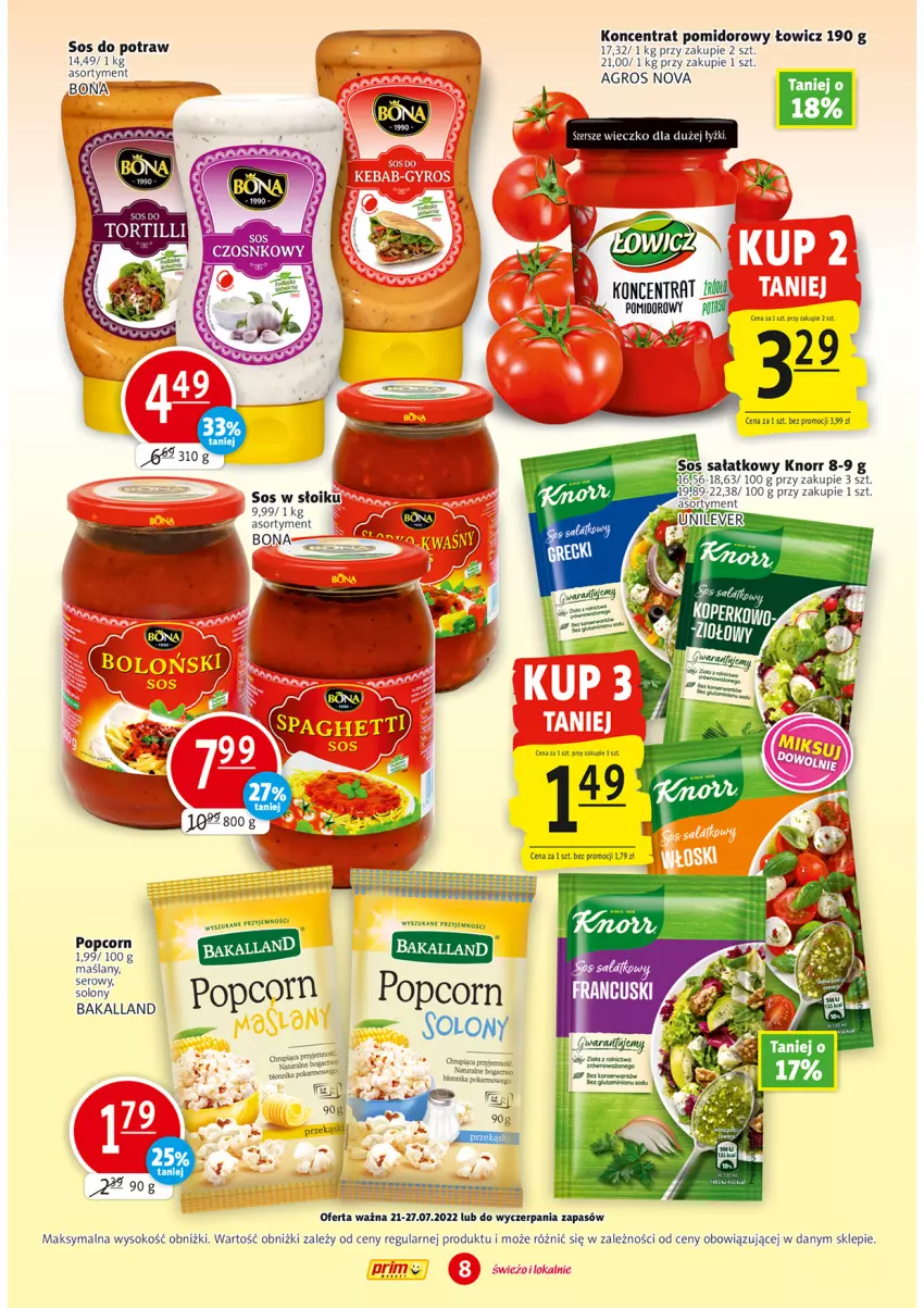 Gazetka promocyjna Prim Market - ważna 21.07 do 27.07.2022 - strona 8 - produkty: Bakalland, Knorr, Koncentrat pomidorowy, Popcorn, Sałat, Sok, Sos