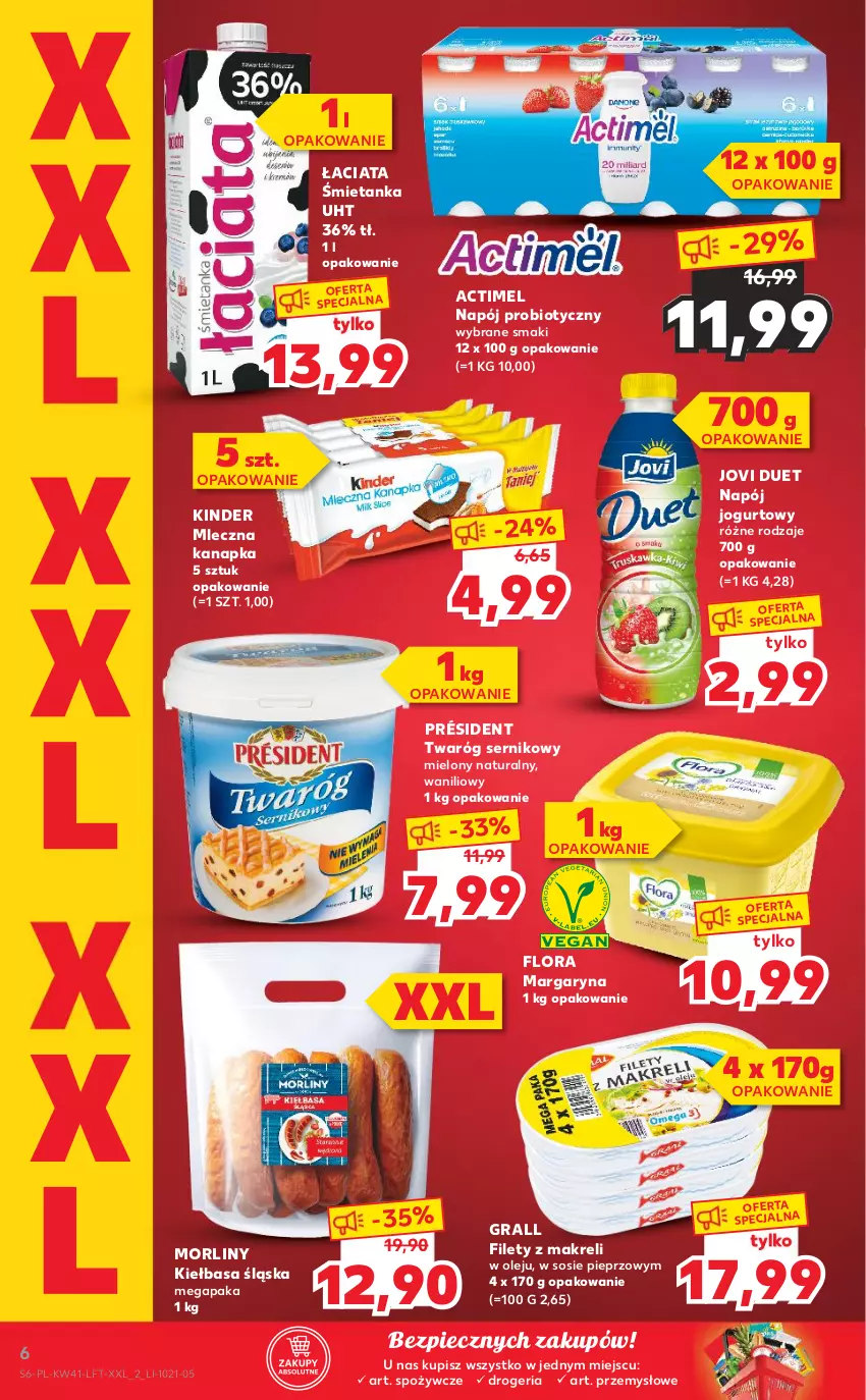 Gazetka promocyjna Kaufland - OFERTA TYGODNIA - ważna 14.10 do 20.10.2021 - strona 6 - produkty: Actimel, Flora, Gra, Jogurt, Kiełbasa, Kiełbasa śląska, Kinder, Margaryna, Mleczna kanapka, Morliny, Napój, Napój jogurtowy, Olej, Piec, Pieprz, Président, Ser, Sos, Twaróg