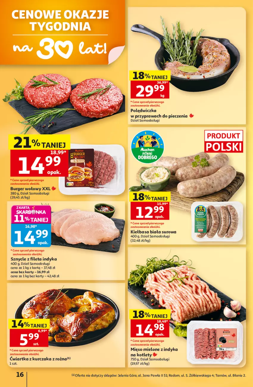 Gazetka promocyjna Auchan - 30 Lat Hipermarket - ważna 03.09 do 09.09.2026 - strona 16 - produkty: Burger, Kiełbasa, Kiełbasa biała, Kurczak, Piec