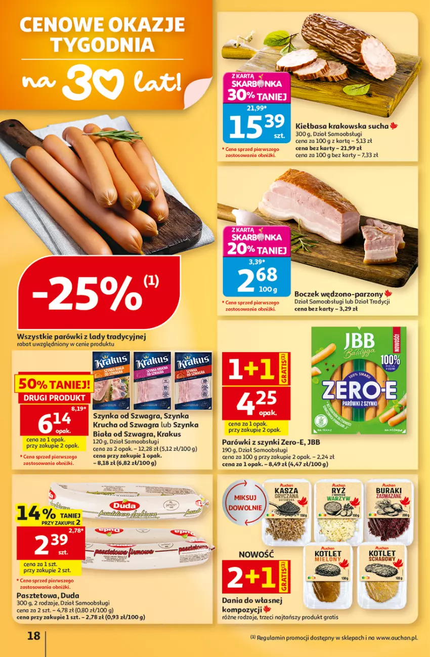Gazetka promocyjna Auchan - 30 Lat Hipermarket - ważna 03.09 do 09.09.2026 - strona 18 - produkty: Boczek, Duda, Fa, Gra, Kiełbasa, Kiełbasa krakowska, Krakus, Parówki, Parówki z szynki, Pasztet, Ryż, Szynka, Tera