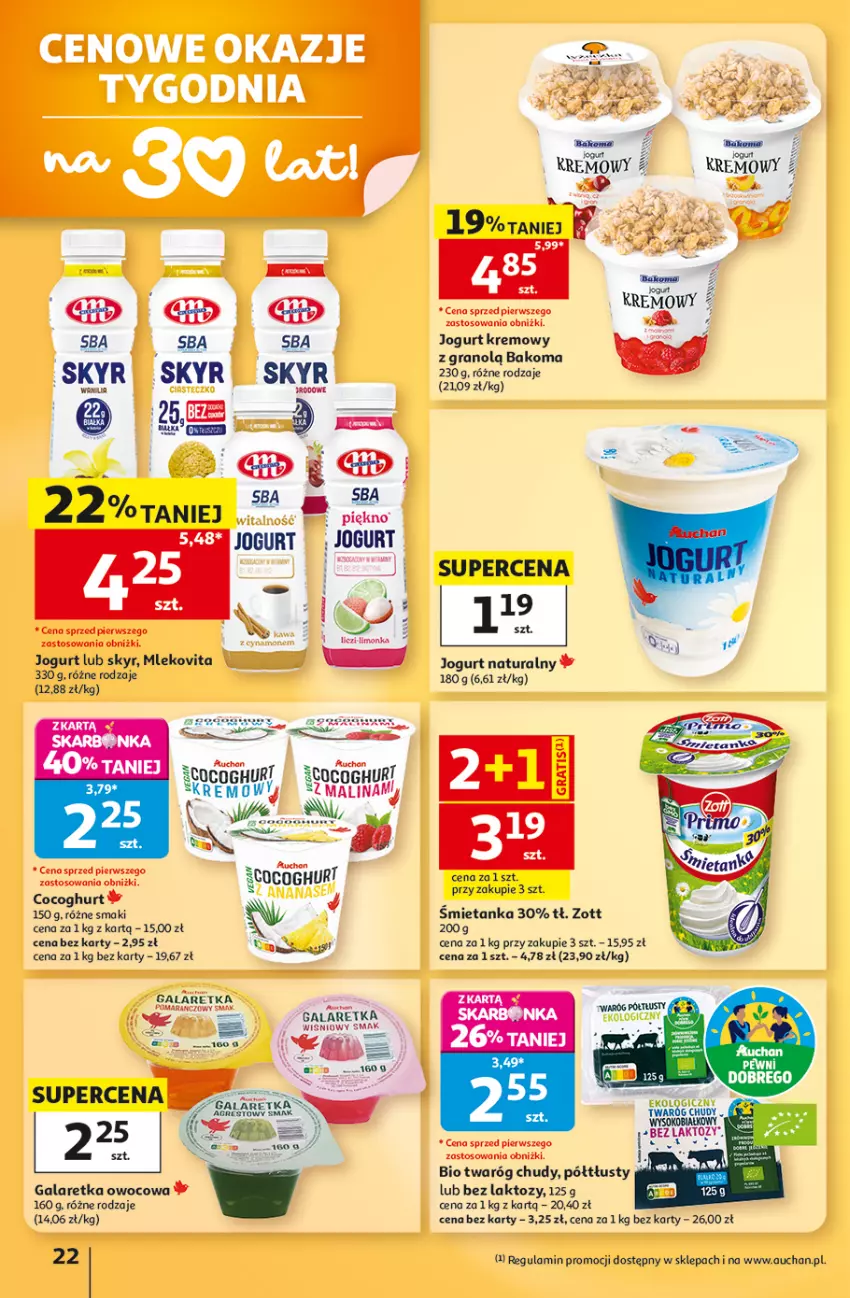 Gazetka promocyjna Auchan - 30 Lat Hipermarket - ważna 03.09 do 09.09.2026 - strona 22 - produkty: Bakoma, Gala, Galaretka, Gra, Jogurt, Jogurt naturalny, Mleko, Mlekovita, Twaróg, Twaróg chudy, Zott