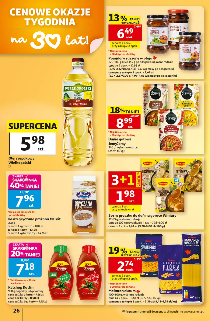 Gazetka promocyjna Auchan - 30 Lat Hipermarket - ważna 03.09 do 09.09.2026 - strona 26 - produkty: Danie gotowe, Fa, Gra, Gry, Kasza, Kasza gryczana, Ketchup, Kotlin, Makaron, Melvit, Olej, Olej rzepakowy, Pomidory, Rum, Sos, Winiary
