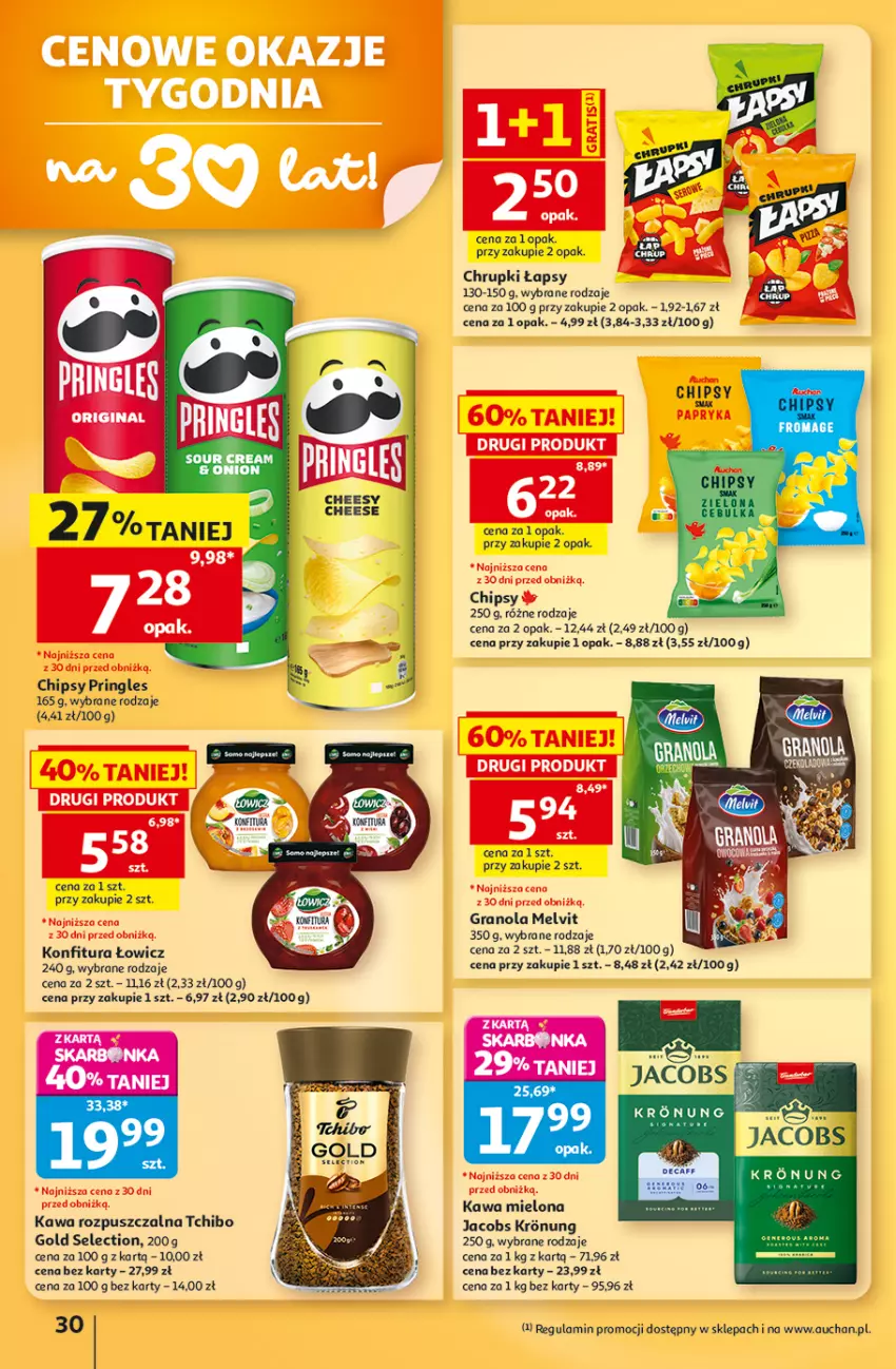 Gazetka promocyjna Auchan - 30 Lat Hipermarket - ważna 03.09 do 09.09.2026 - strona 30 - produkty: Chipsy, Chrupki, Gin, Gra, Granola, Jacobs, Kawa, Kawa mielona, Kawa rozpuszczalna, Konfitura, Melvit, Papryka, Pringles, Tchibo