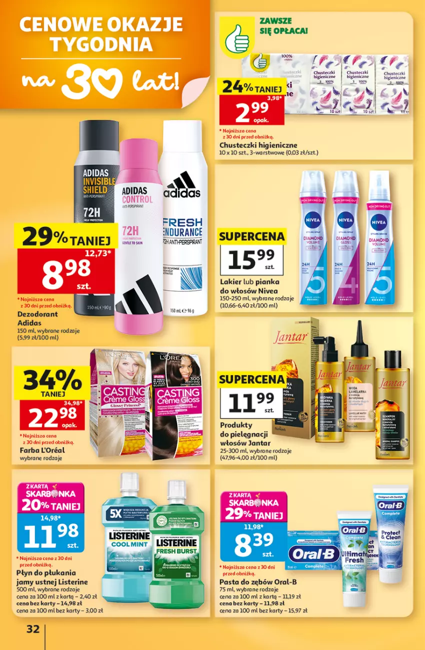 Gazetka promocyjna Auchan - 30 Lat Hipermarket - ważna 03.09 do 09.09.2026 - strona 32 - produkty: Adidas, Chusteczki, Control, Dezodorant, Fa, HP, Lakier, Listerine, Nivea, Pianka do włosów, Płyn do płukania