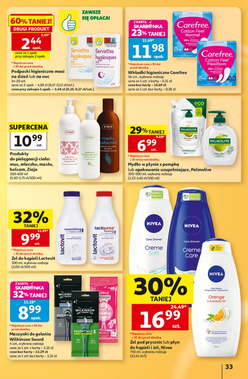 Gazetka promocyjna Auchan - 30 Lat Hipermarket - ważna 03.09 do 09.09.2026 - strona 33 - produkty: Bosch, Carefree, Fa, Maska, Masło, Mleczko, Mus, Mydło, Mydło w płynie, Nivea, Palmolive, Podpaski, Ser, Wilkinson Sword, Wkładki, Ziaja