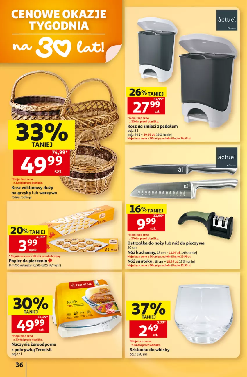 Gazetka promocyjna Auchan - 30 Lat Hipermarket - ważna 03.09 do 09.09.2026 - strona 36 - produkty: Grzyby, Kosz, Noż, Ostrzałka do noży, Papier, Papier do pieczenia, Piec, Por, Szklanka, Warzywa, Whisky