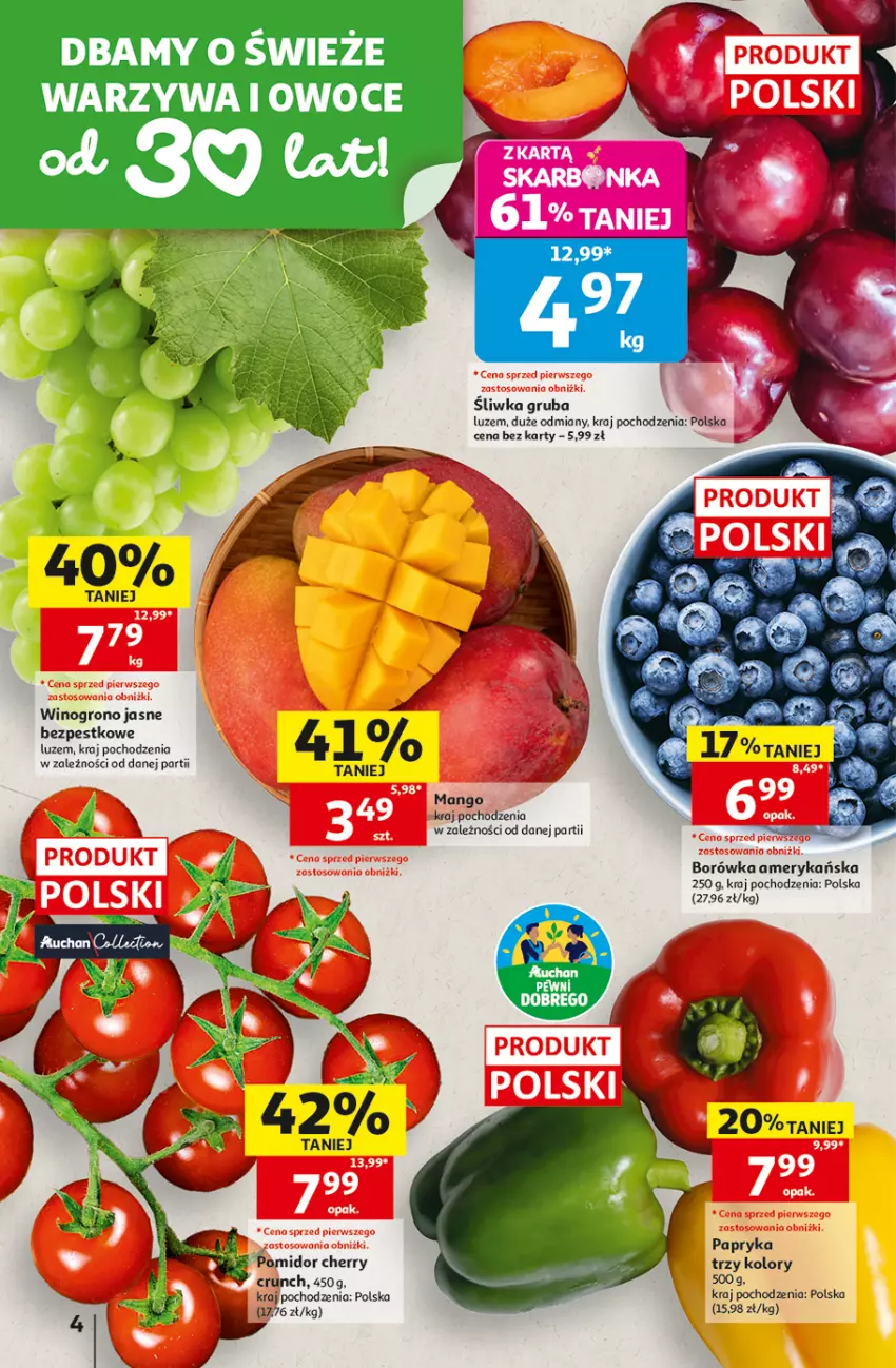 Gazetka promocyjna Auchan - 30 Lat Hipermarket - ważna 03.09 do 09.09.2026 - strona 4 - produkty: Borówka, Borówka amerykańska, Mango, Owoce, Papryka, Warzywa, Warzywa i owoce, Wino