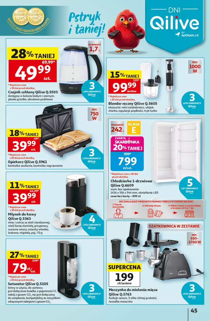 Gazetka promocyjna Auchan - 30 Lat Hipermarket - ważna 03.09 do 09.09.2026 - strona 45 - produkty: Blender, Blender ręczny, Chłodziarka, Czajnik, Drzwi, Grzałka, Maszynka, Maszynka do mielenia, Miarka, Migdały, Młynek, Młynek do kawy, Orzechy włoskie, Owoce, Przyprawy, Rozdrabniacz, Silan, Szynka