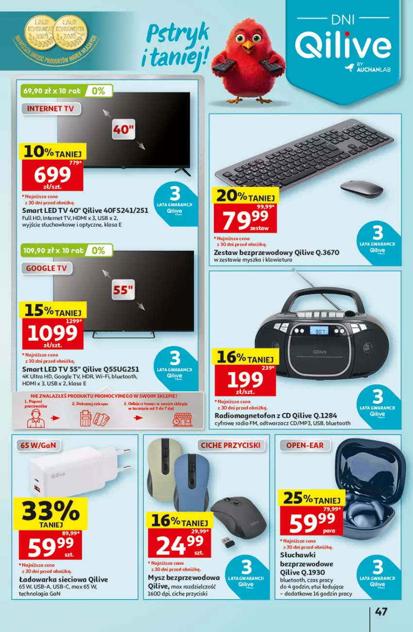 Gazetka promocyjna Auchan - 30 Lat Hipermarket - ważna 03.09 do 09.09.2026 - strona 47 - produkty: Klawiatura, LED TV, Mysz, Mysz bezprzewodowa, Słuchawki, Słuchawki bezprzewodowe, Warka